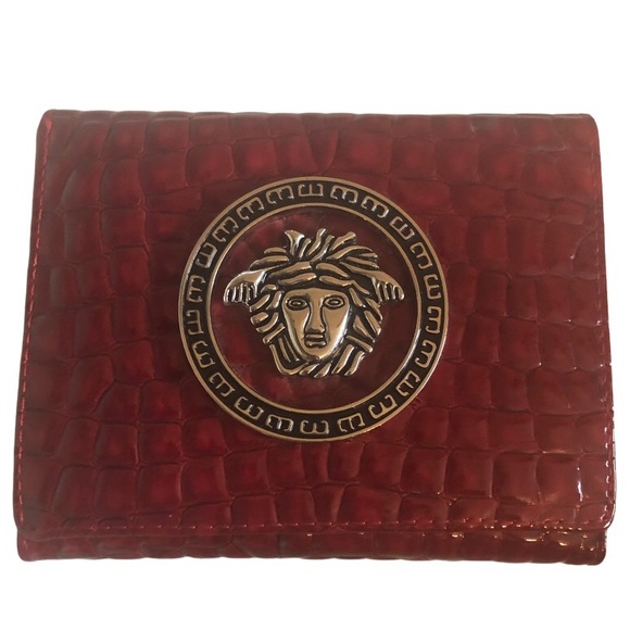Versace Logo Red Trifold Wallet Crocodile Print Faux Leather - Picture 6 of 6